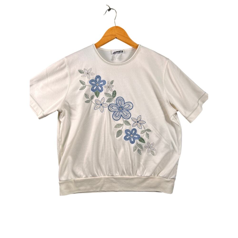 Vintage Y2K Bon Worth Women's Shirt Cream Off White Floral Embroidered Size S ?